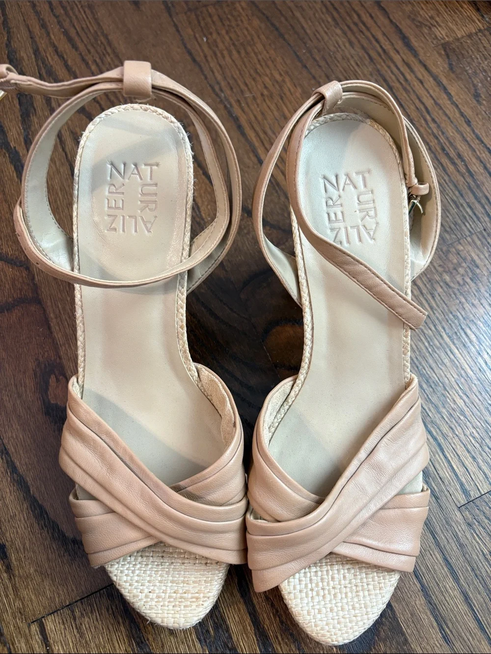 Naturalizer Tan Leather Wedge Sandals with Ankle Strap - Size 8.5W
